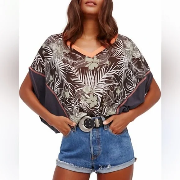 We The Free Black Green & Orange Floral Flowy Short Sleeve Top - Picture 3 of 6